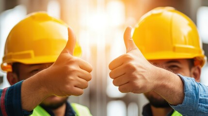 Two construction workers share a moment of triumph, celebrating teamwork and hard work with a thumbs up gesture.