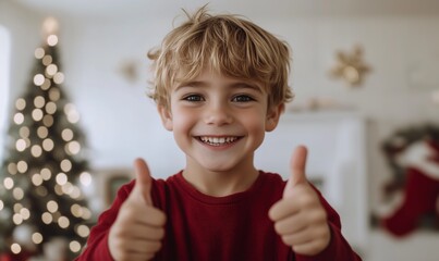 Front view headshot of a child with positive thumbs up gesture in christmas time