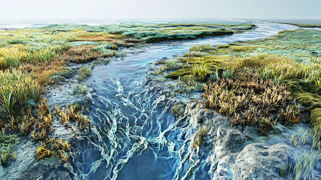 A visual of the effects of climate change on river ecosystems with altered flow patterns and ecosystem disruption.