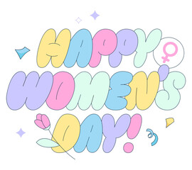 Lettering Happy women's day text with female symbol, flower and confetti