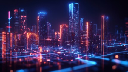 Futuristic cityscape with digital grids and holographic streams

