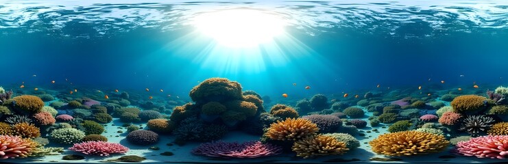 360 degree Underwater Coral Reef, A 360-degree underwater image of a vibrant coral reef, filled with colorful fish, corals of various shapes and sizes, and sunlight piercing through the water.