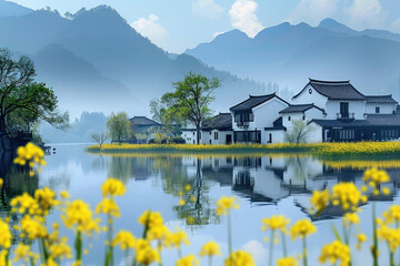 Fototapeta premium In spring, rapeseed flowers bloom, and houses by the lake