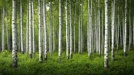 Fototapeta premium A serene forest with tall, slender birch trees and lush green undergrowth, perfect for nature enthusiasts and tranquil escapes.