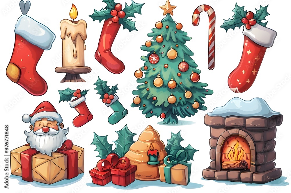 Poster christmas design elements, vector set big set of christmas design elements in doodle style generativ