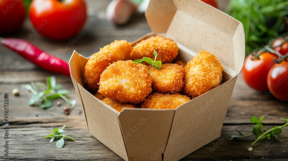 Wall mural 25. Delicious fried breaded chicken nuggets in a takeaway box, paired with a variety of fresh vegetables and served on a rustic wooden surface