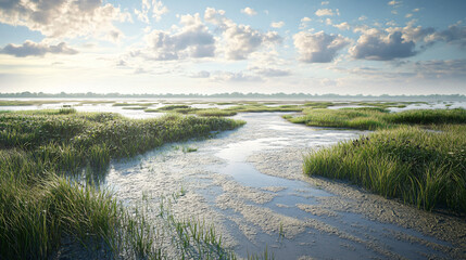 A visual of shrinking wetlands with exposed mudflats and reduced biodiversity due to climate change.