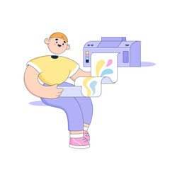 Man prints a banner in a printing office