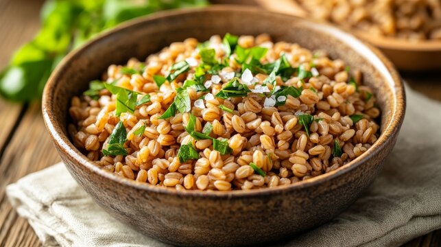 31. Close-up of a rustic bowl filled with cooked organic farro grain, garnished with fresh herbs and a sprinkle of sea salt, set on a wooden table with a linen napkin
