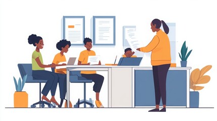 A social worker helping a family fill out forms in a community center.