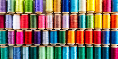 Colorful spools of thread in a creative display , sewing, craft, textile, vibrant, rainbow, sewing supplies