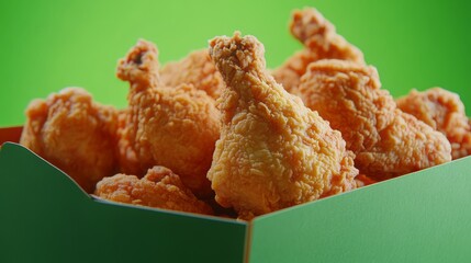54. Close-up of a box of freshly fried chicken, with a green screen background allowing for easy removal or replacement
