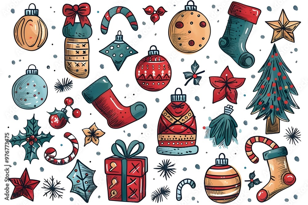 Poster christmas design elements, vector set big set of christmas design elements in doodle style generativ