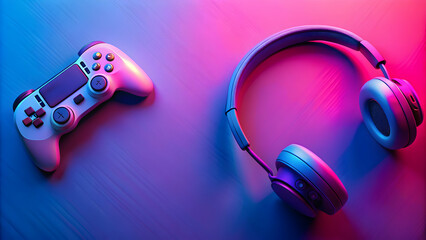 Wireless gaming accessories on colorful background, rendering , Joystick, Gamepad Controller, VR Goggles