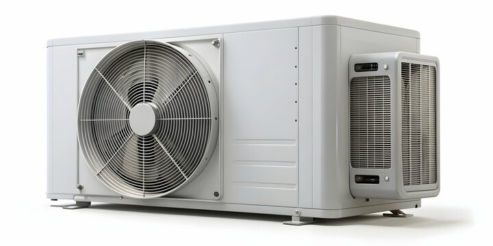 External air conditioner unit with a split system compressor on a white background