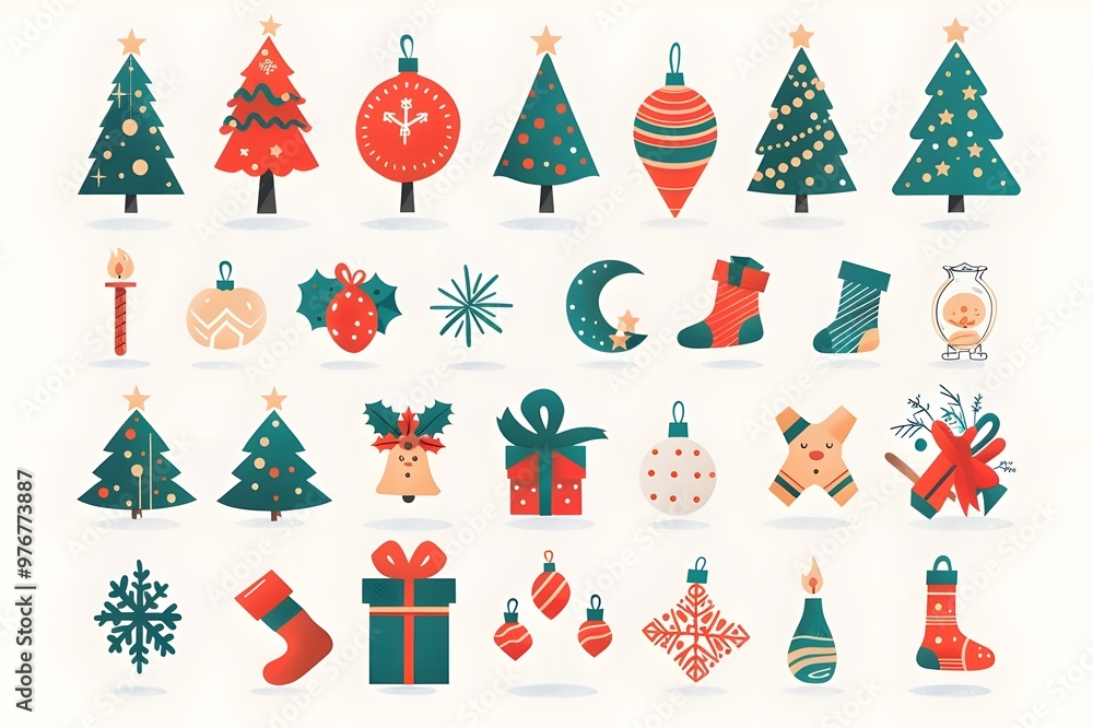 Poster christmas design elements, vector set big set of christmas design elements in doodle style generativ