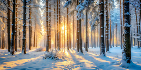 Obraz premium Winter forest with snow covered trees in ethereal morning light, creating a peaceful and quiet atmosphere , Snow, trees