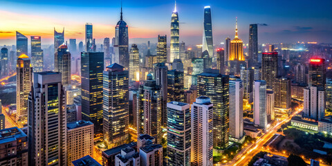 A bustling metropolis skyline with glittering skyscrapers and bustling streets, cityscape, urban, downtown