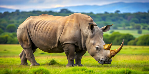 Fototapeta premium Majestic rhino grazing in the wild with its horn prominent, rhinoceros, wildlife, animal, nature, safari, wilderness