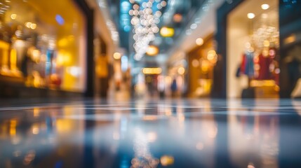Obraz premium 74. Blurred background of a luxury shopping mall with elegant decor, showcasing bright lights, polished floors, and stylish retail displays