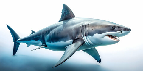 Fototapeta premium Great white shark swimming in clear water on a white background, shark, predator, ocean, marine life, wildlife