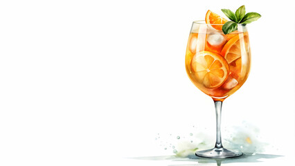 Watercolor of a refreshing summer cocktail spritz with orange, ice, and prosecco in a glass goblet, summer, cocktail, spritz