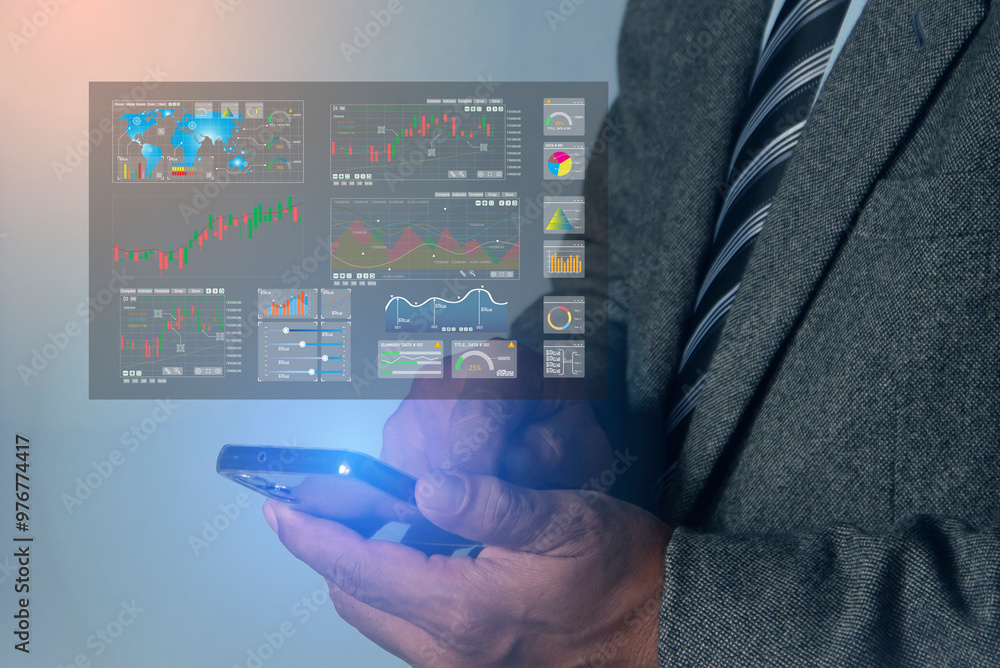 Poster businessman trading stock market on digital screen with graph business stock market graph trading an