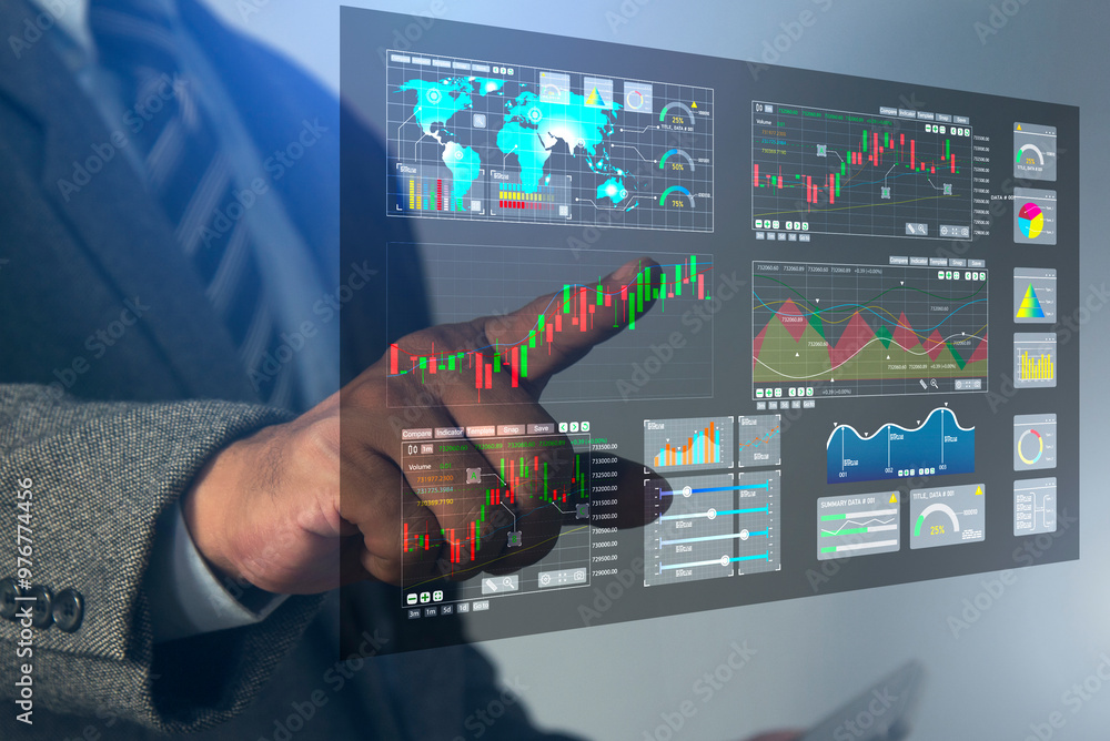 Poster businessman trading stock market on digital screen with graph business stock market graph trading an