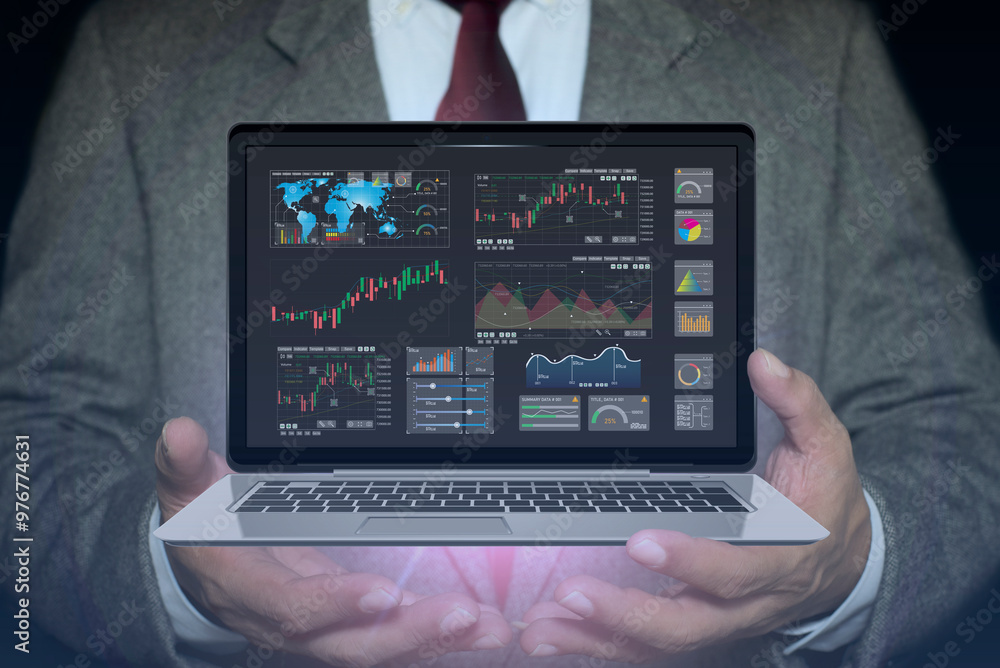 Poster businessman showing laptop with graph business stock market graph trading analysis investment financ