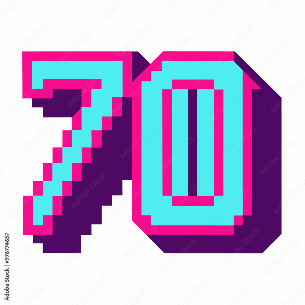 Poster retro pixel art number 70 in bright cyan and magenta 8 bit style