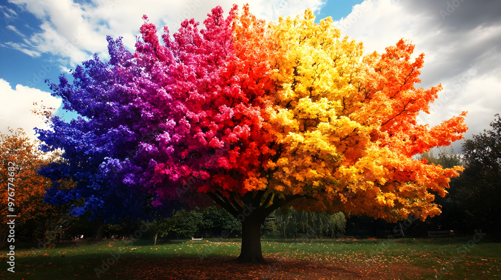 Poster a tree whose trunk and branches are painted in rainbow colors, with each branch representing a diffe