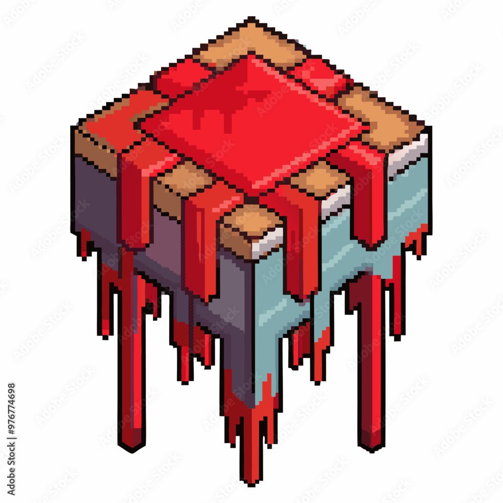 Poster pixel art 8 bit dripping cube with red element retro gaming design