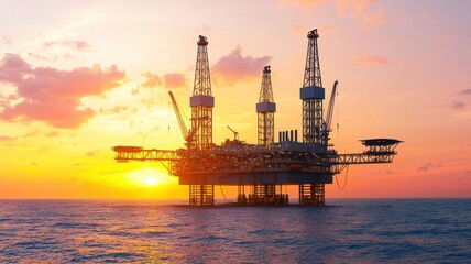 Obraz premium Oil rig at sunset, showcasing industrial beauty and offshore energy production in a stunning coastal environment.