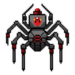 Obraz premium Pixel Art Robot Spider Retro Gaming Style Digital Insect with Red Accents