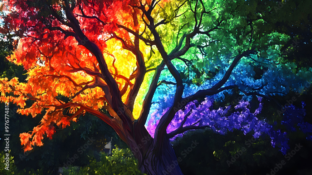 Poster a tree whose trunk and branches are painted in rainbow colors, with each branch representing a diffe