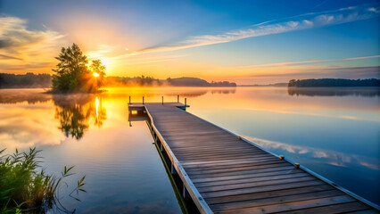 Fototapeta premium Tranquil morning by the lake on a dock at sunrise, relaxing, peaceful, serene, nature, water, lake, dawn, tranquil, calm