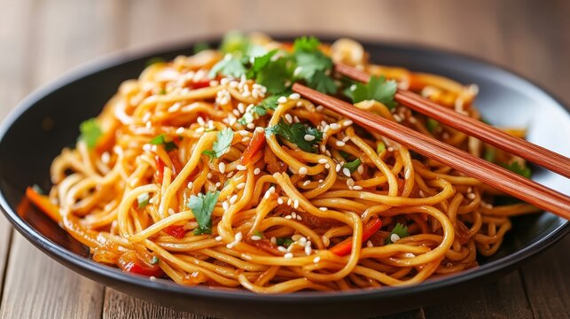 92. High-angle view of a plate of spicy vegetable Hakka noodles, served with wooden chopsticks, garnished with sesame seeds and fresh cilantro