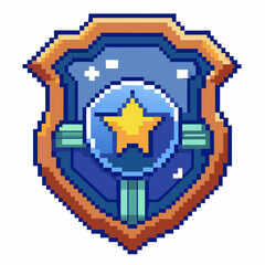 Obraz premium Pixel Art Police Badge Shield with Star in Retro Game Style