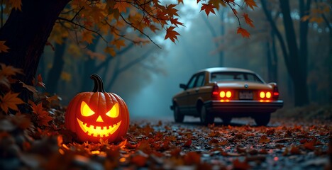 Glowing pumpkin among autumn leaves in mystical forest environment. Halloween concept