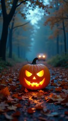 Glowing pumpkin among autumn leaves in mystical forest environment. Halloween concept