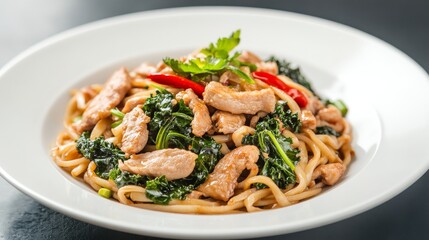 112. High-angle view of a dish of stir-fried rice noodles, featuring tender pork, vibrant kale, and a savory black soy sauce, served on a white plate