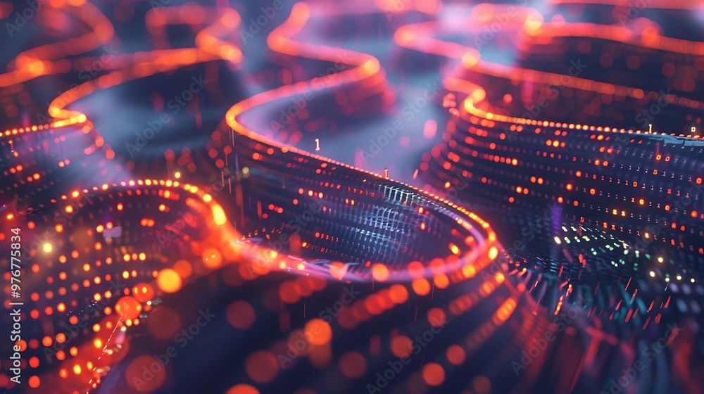 Poster abstract digital landscape rendered in 3d with glowing red lines creating a futuristic and dynamic v