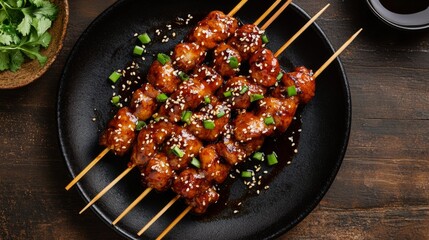 124. Plate of deep-fried tteokbokki skewers, covered in a rich and spicy sauce, garnished with sesame seeds and chopped scallions, presented on a rustic table
