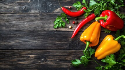 Fresh peppers including bell peppers and chili peppers with parsley leaves on a dark wooden background, high resolution 50 keywords