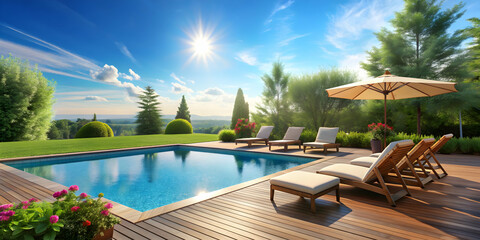 Obraz premium Relaxing by the pool on a sunny day , pool, swimming, relaxation, leisure, vacation, summer, resort, water