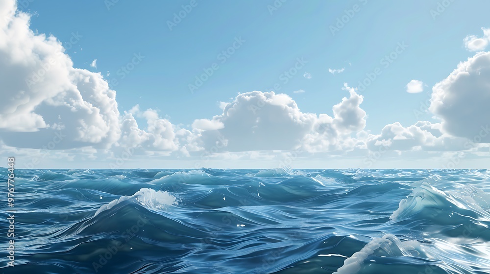 Poster serene view of a vast ocean with gentle waves and a bright blue sky with fluffy clouds.