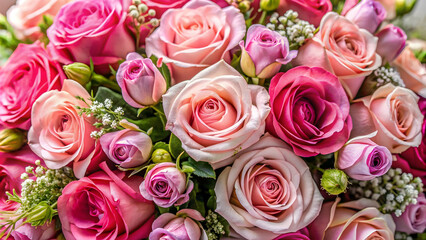 Bouquet of unconventional pink roses in a variety of unique and unusual flowers, botanical, romantic, vibrant, garden, bouquet