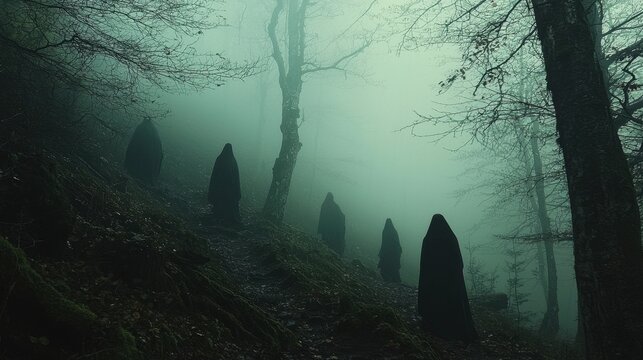 A dark and foggy forest with ghostly figures lurking among the trees