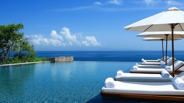 147. Scenic view of a luxurious poolside setup, with comfortable lounge beds under large umbrellas, overlooking a serene ocean backdrop