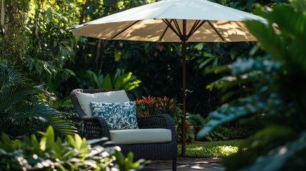 Obraz premium 152. Close-up of a cozy outdoor patio chair with plush pillows, set under a large umbrella in a lush garden, creating a serene and comfortable atmosphere